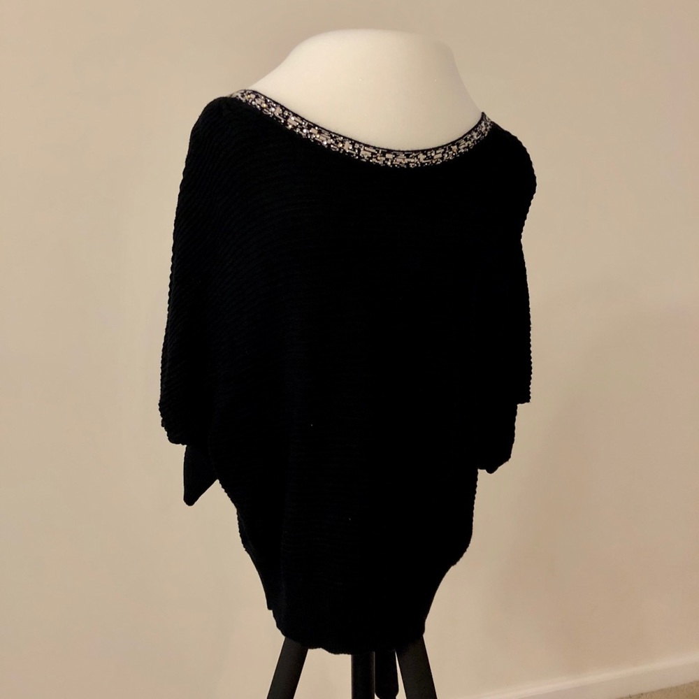 Black Ribbed Knit Blouse with Patterned Stripe